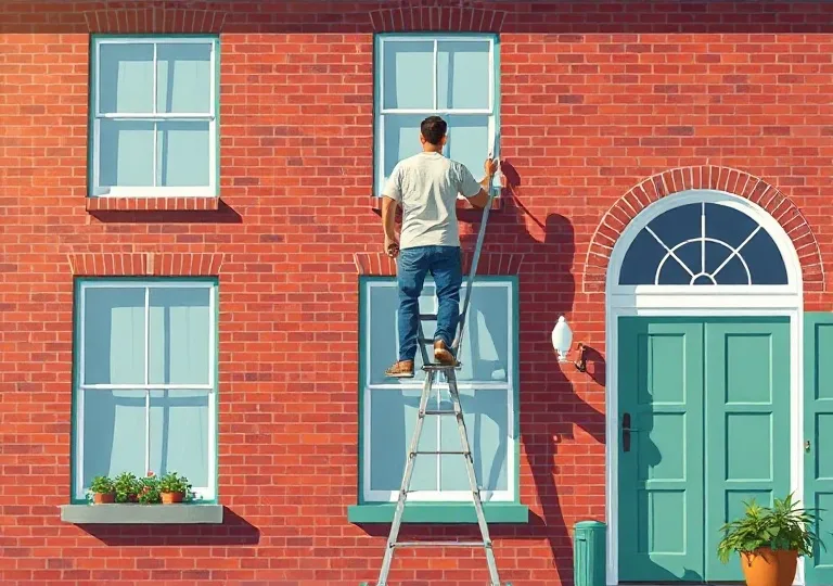 Peintre sur échafaudage traitant la façade d'une maison