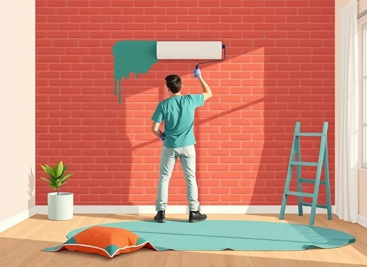 Peintre appliquant la peinture au rouleau sur un mur de salon